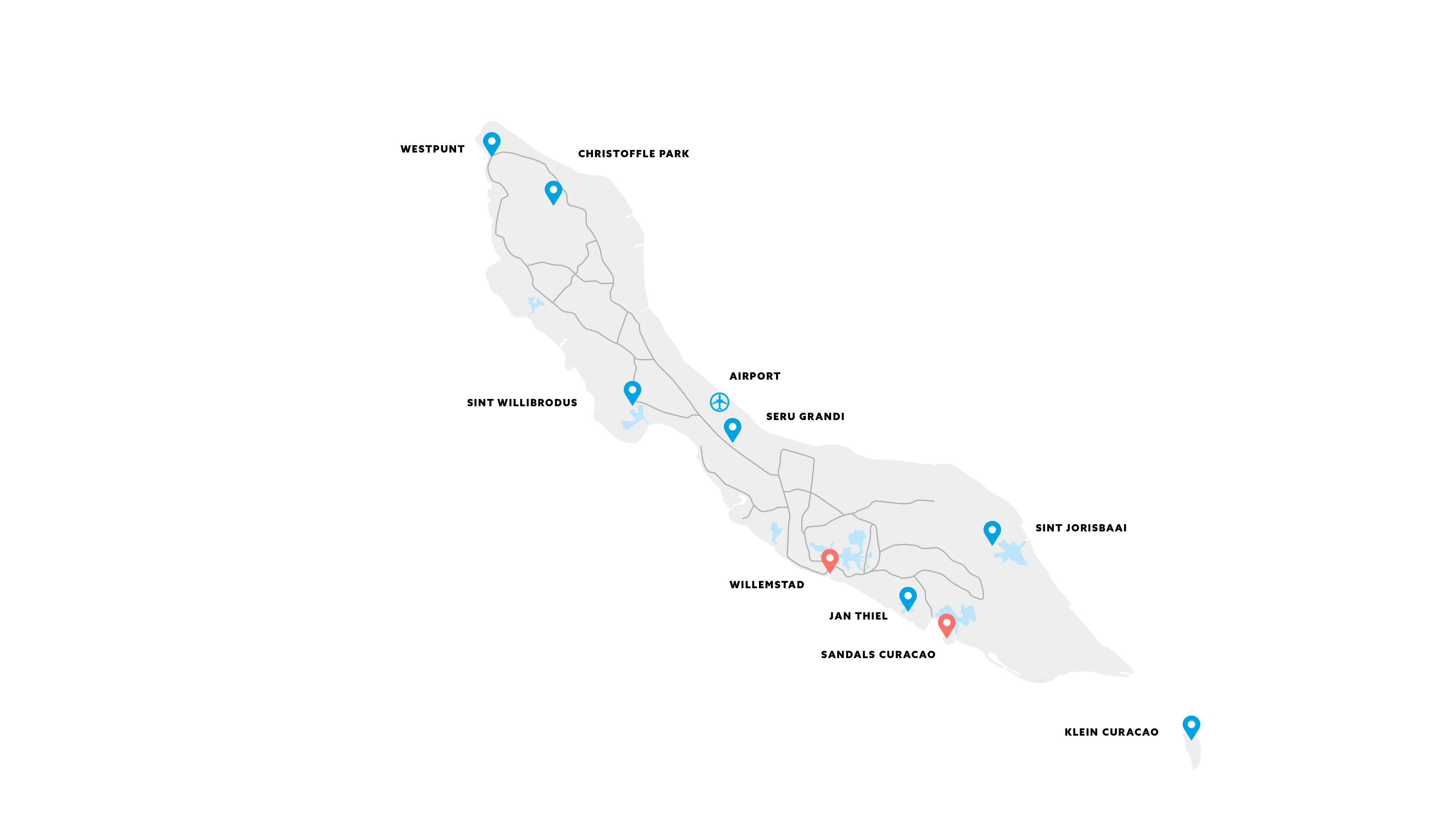 Map of Curaçao with markers for Westpunt, Sint Willibrordus, Seru Grandi, Willemstad, Jan Thiel, and Sint Jorisbaai