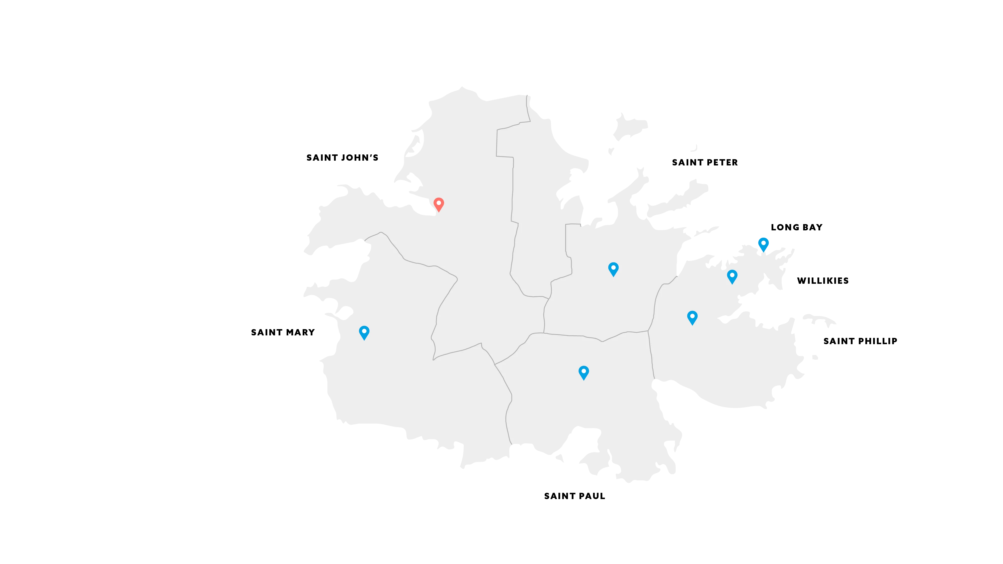 Map of Antigua showing key towns, harbours and coastal areas