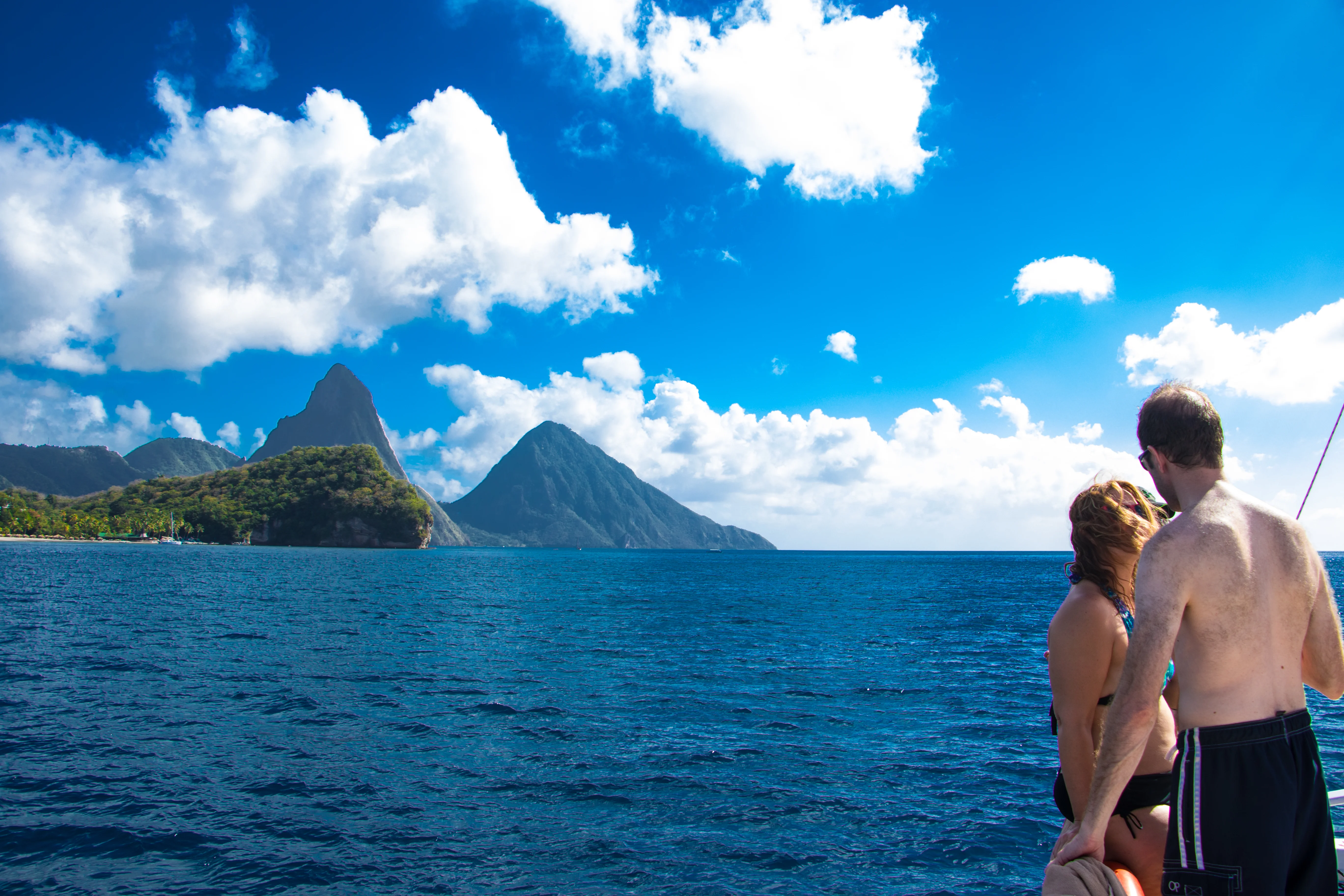 Catamaran sailing in the Caribbean Sea near the Gros Piton and Petit Piton mountains, Saint Lucia