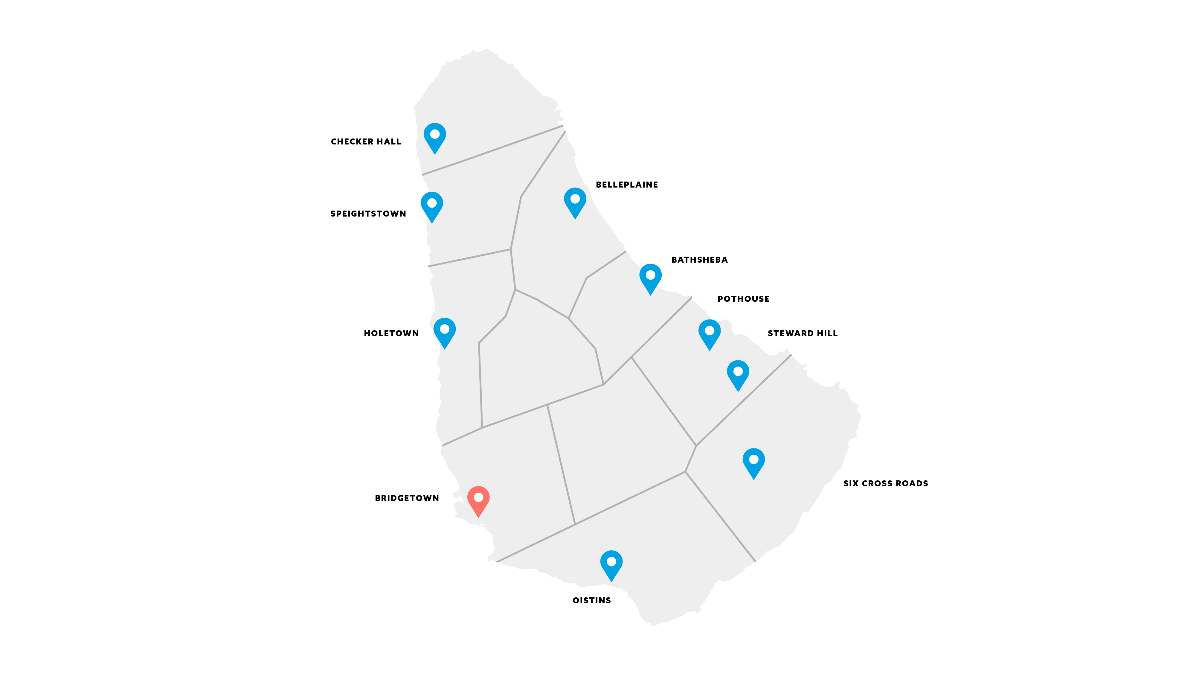 Map of Barbados showing major towns, roads and coastal areas